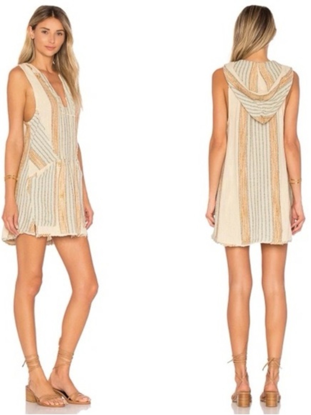 Free People Striped Hooded Knit Mini Dress in Cream, Tan & Teal